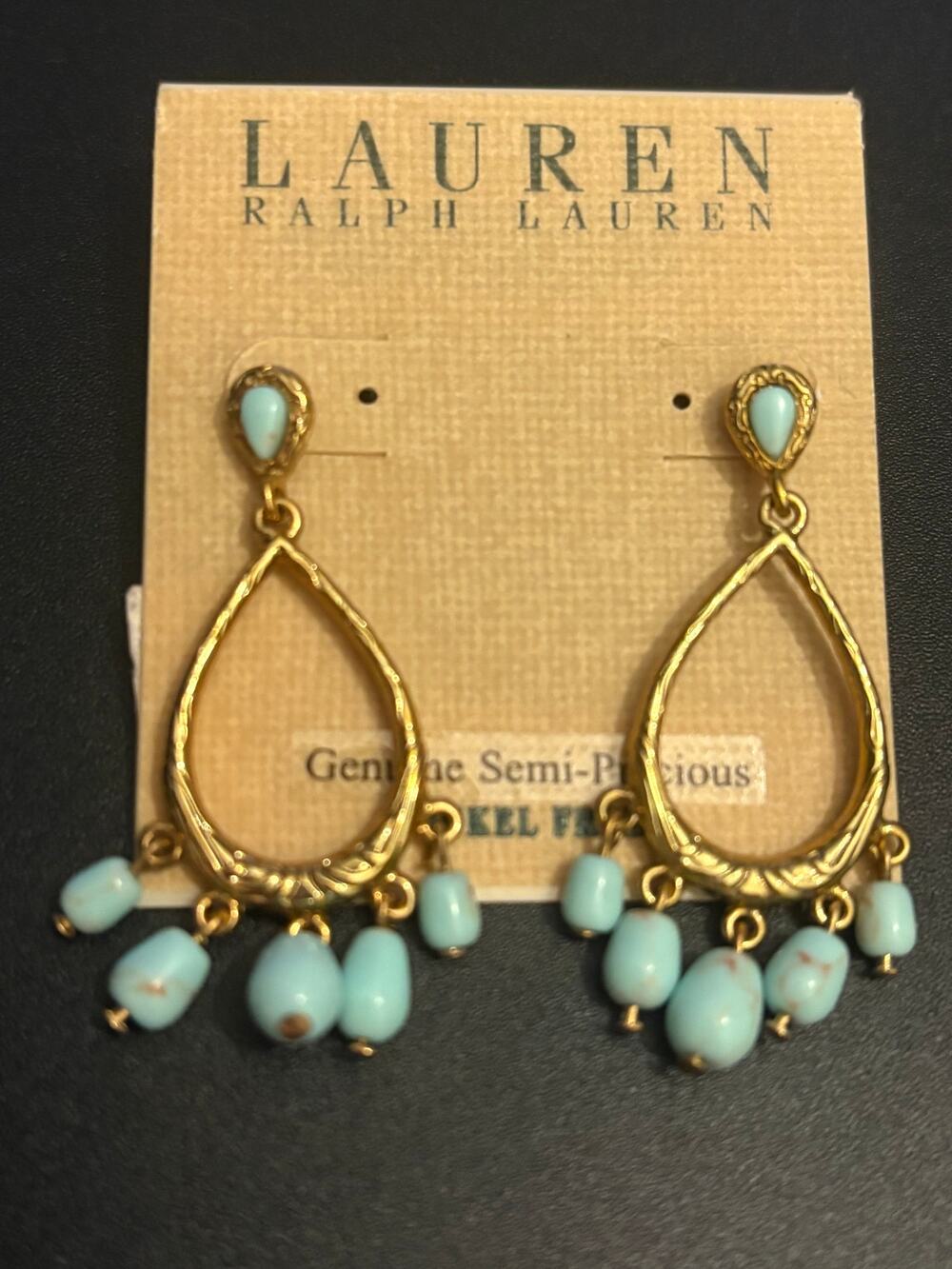 Lauren Ralph Lauren Turquoise Bead Chandelier Drop Earrings Gold Tone
